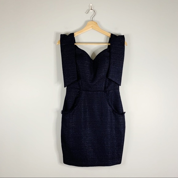Misha Collection Dahlia Dress NWT New Navy Mini Off Shoulder Tweed Small S 2 XS - Picture 2 of 14